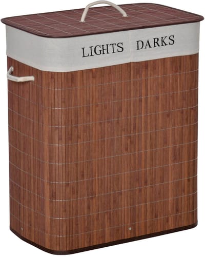 Merax Wasmand 100 Liter Met Deksel - Wasbox Met 2 Vakken Voor Licht En Donker - Uitneembare Waszak Wasbaar - 3 Handgrepen - Bamboe Katoen Metaal - Bruin Wit - 52 x 32 x 63 cm