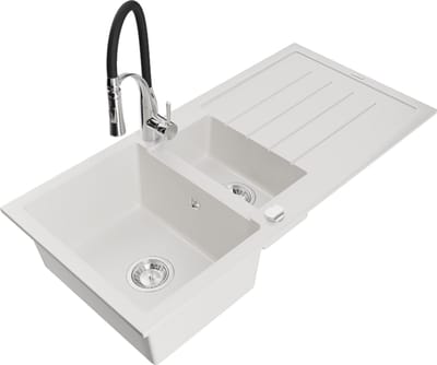 Mexen Andres granieten gootsteen 1,5-kamer met afdruiprek en keukenmengkraan Aster, wit - 6515-20-73450-07