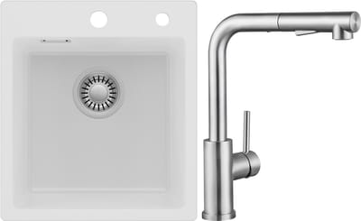 Auralum max Spoelbak voor keuken 40x45CM - Graniet Spoelbakken Met Keukenkraan - Enkele spoelbak Wit - Met waterafvoersysteem - Voor 40 cm kast