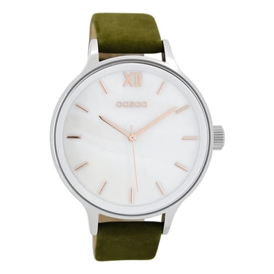 OOZOO Timepieces - Zilverkleurige horloge met groene leren band - C8603