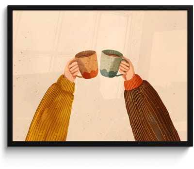 Poster in lijst - Fotolijst 70x50 cm - Posters - Illustratie - Mokken - Proosten - Bruin - Posterlijst zwart - Decoratie - Wanddecoratie woonkamer - Muurdecoratie slaapkamer