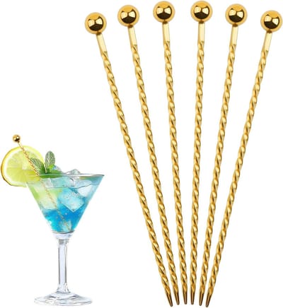 6 stuks cocktailspiesen, roestvrij staal, herbruikbare cocktailsticks, cocktailprikkers voor fingerfood, fruit, olijven, voorgerechten en cocktailparty (goud)