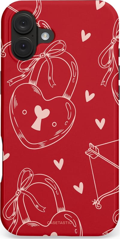 Casetastic hoesje geschikt voor Apple iPhone 16 Plus - MagSafe - Dubbellaagse bescherming - Hartendief - Liefdes Slotjes - Valentijn - Valentine - Love - Rood Wit - Fashion Case - Rood Terracotta