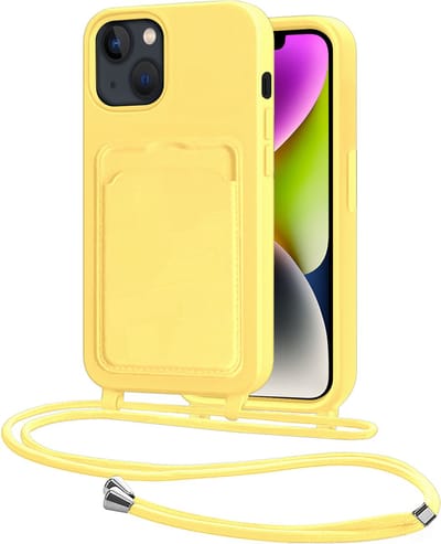 Hoes Geschikt voor iPhone 14 Hoesje Pasjeshouder Cover Met Koord Case Siliconen Hoes Met Telefoonkoord en Kaarthouder - Geel