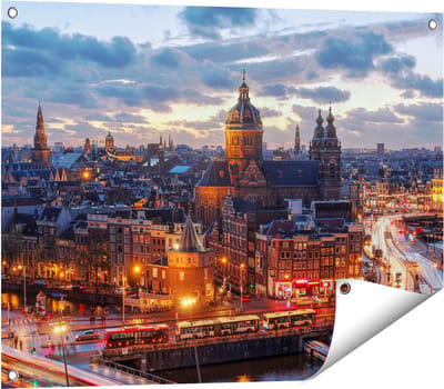 Gards Tuinposter Amsterdam Centrum Luchtfoto Zonsondergang - 80x60 cm - Tuindoek - Tuindecoratie - Wanddecoratie buiten - Tuinschilderij
