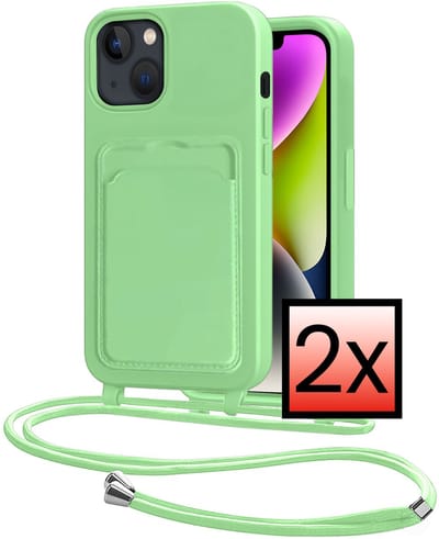 Hoes Geschikt voor iPhone 13 Hoesje Pasjeshouder Cover Met Koord Case Siliconen Hoes Met Telefoonkoord en Kaarthouder - Groen - 2 PACK