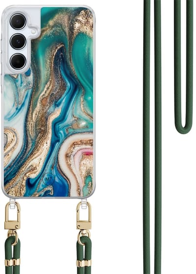 Hoesje met koord geschikt voor Samsung Galaxy A15 - Magic marble - Inclusief Groen koord - Crossbody beschermhoes - Transparant, Multi - Mooie Telefoonhoesjes