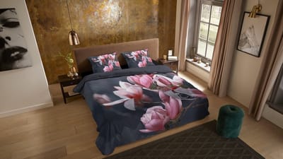 Pure dekbedovertrek magnolia bloemen - 1 persoons 140x200/220 cm - Antraciet - Microvezel
