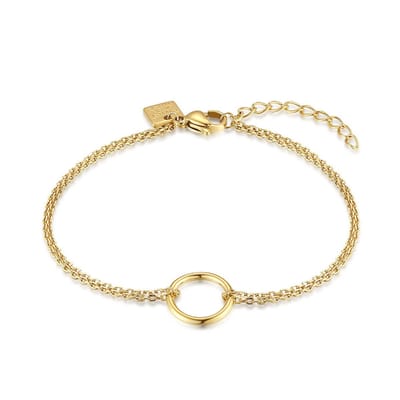 Twice As Nice Armband in goudkleurig edelstaal, dubbele ketting, open cirkel 16cm+3cm