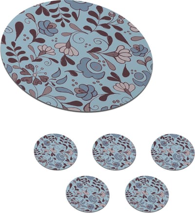 Onderzetters voor glazen - Rond - Patroon - Bloem - Grijs - Blauw - 10x10 cm - Glasonderzetters - 6 stuks