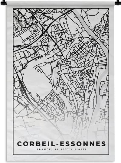 Wandkleed - Wanddoek - Kaart - Corbeil-Essonnes - Stadskaart - Frankrijk - Plattegrond - Zwart wit - 120x180 cm - Wandtapijt