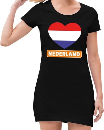 Zwart jurkje met rood/wit/blauw hart en Nederland dames - Zwart Koningsdag kleding S