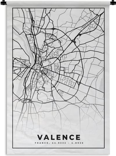 Wandkleed - Wanddoek - Frankrijk - Plattegrond - Stadskaart - Valence - Kaart - Zwart wit - 90x135 cm - Wandtapijt