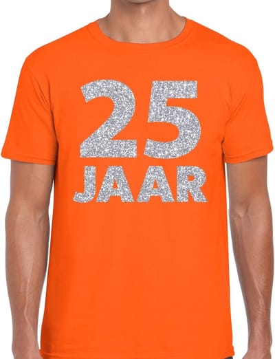 25 jaar verjaardag t-shirt - oranje - voor heren - zilver glitters print - jubileum - leeftijd - korte mouwen S