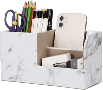 Famanu Bureau-organizer, bureau-organizer van kunstleer, pennenhouder, ruimtebesparend, 3 vakken voor pennen, nietjes, mappen, zelfklevende notities, telefoons (marmer)