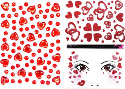 SnelShoppen - Pack van 3 Glitter Hart Stickers - Zelfklevende Face Tattoos - Rood Hart voor Vrouwen - Perfect voor Carnaval, Halloween, Festivals en K