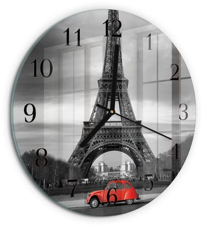Tulup Wandklok - Eiffeltoren auto Klok Glas Met Opdruk - 30fi cm - Rood Moderne Wandklok Glas - Zwarte Handen - Ronde Wandklok - Glazen Klok Met Print - Wandklok Glas Met Motief