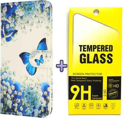 Casemania Hoesje Geschikt voor Samsung Galaxy S23 FE - Blauwe Vlinder + Glazen Screenprotector - Portemonnee Book Case