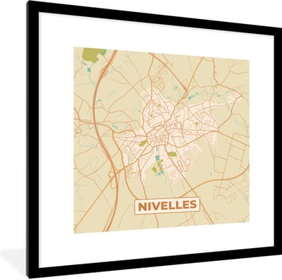 Fotolijst incl. Poster - Kaart - Retro - Stadskaart - Plattegrond - Nijvel - 40x40 cm - Posterlijst