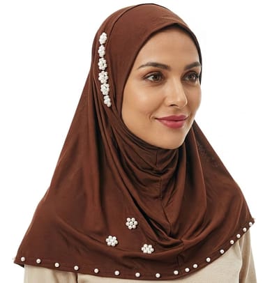Bruine hoofddoek dames jersey hijab muts met studs volledige kinbedekking rekbare hoofddoek sjaal Ramadan stijl effen stretch hoofdbedekking met parel details direct draagbaar