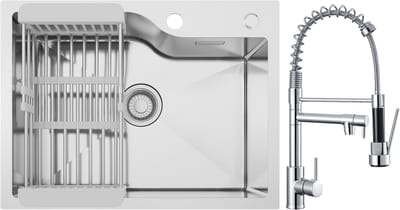 CECIPA max Spoelbak Keuken 60x45CM - Spoelbakken met Afdruiprek - Enkele spoelbak Met keukenkraan met uittrekbare uitloop - Incl. Sifon en Afvoerzeefje - RVS