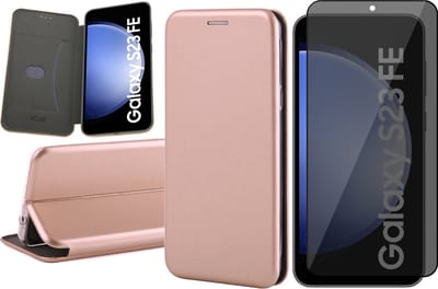 Hoesje geschikt voor Samsung Galaxy S23 FE - Privacy Screenprotector Volledig Dekkend Glas - Wallet Book Case Rosegoud