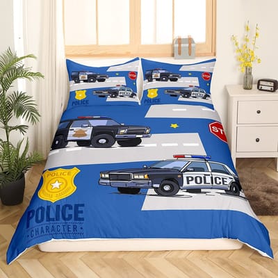Politieauto Koning Koningin Dekbedovertrek Cartoon Zwart Politieauto Beddengoed Set Jongens Rood Blauw Politielichten 2/3 stuks Polyester Dekbedovertrek 70x133cm 2pcs