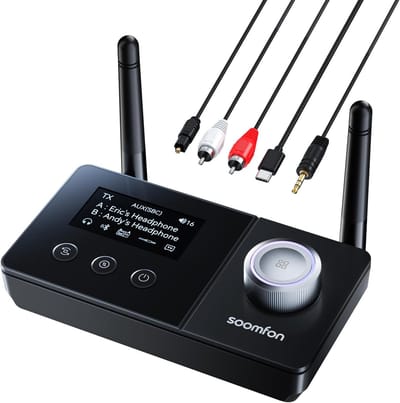 SnelShoppen - Bluetooth 5.3 Zender Ontvanger met Dubbele Antenne, 3-in-1 BT Audio Adapter voor 2 Koptelefoons, Bluetooth Transmitter Receiver voor TV/