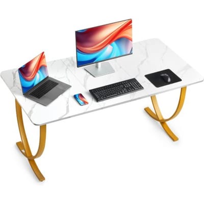 VEVOR Executive Desk, 160 cm W x 80 cm D Grote Kantoortafel, Moderne Computertafel Conferentie Zitkamer Tafel, Business Furniture Verwijdere Schrijftafel voor Home Office, Wit en Goud