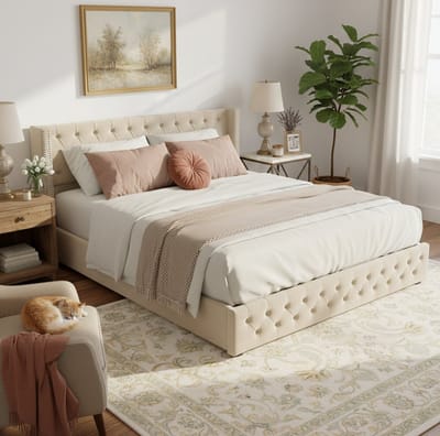 MEUNIQ gestoffeerd opbergbed 160x200 cm met hydraulische opbergruimte, lattenbodem en hoog hoofdbord in Chesterfield-stijl voor de slaapkamer, beige