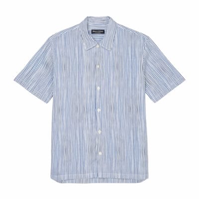 Marc O'Polo regular fit heren overhemd - korte mouw - popeline - wit gestreept - Strijkvriendelijk - Boordmaat: 39/40