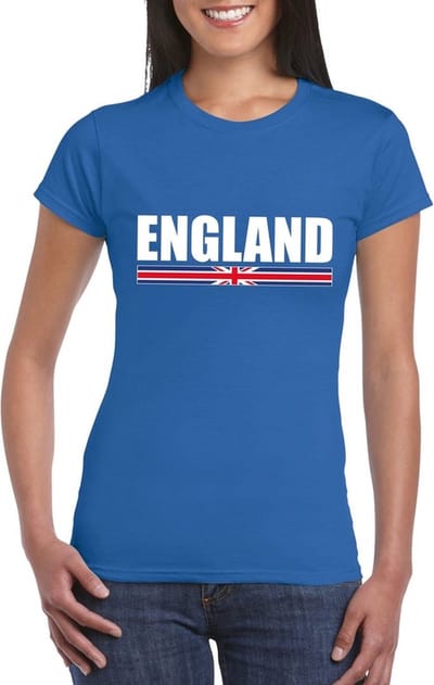 Engeland supporters kleding t-shirt - voor dames - blauw - met vlag kleuren print - korte mouwen S