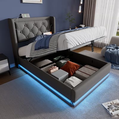 DESMIU Gestoffeerd Bed 90x200 cm – USB En Type C Laadfunctie In Hoofdbord – Hydraulische Opbergruimte – Zonder Matras – Katoen – Grijs