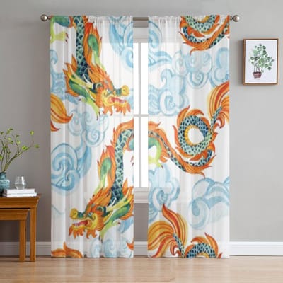 Vintage Chinese Draken Transparante Gordijnen voor Woonkamer Transparant Tule Raamgordijn Slaapkamer Keuken Huisdecoratie Sluier Draperieën 135W x 114H(cm) white