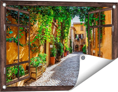 Gards Tuinposter Doorkijk Straatje in Rome met Groene Planten - 60x40 cm - Tuindoek - Tuindecoratie - Wanddecoratie buiten - Tuinschilderij