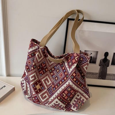 Herfst en Winter Etnische Stijl Tote Bag Dames Canvas Handtas Ins College Studenten Les Schoudertas Dames gray