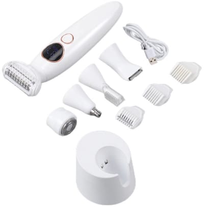 5-in-1 intieme trimmer voor dames met USB-oplaadstation, elektrisch scheerapparaat voor gezicht, armen, benen, oksels en bikinilijn, waterdicht elektrisch scheerapparaat voor dames