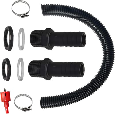 Allecto Plus - Regenton aansluitset voor 2 regentonnen - Doorvoer 125 inch - Slangtule 100 cm - Aansluitslang 32mm - Gatopener - 2 slangklemmen