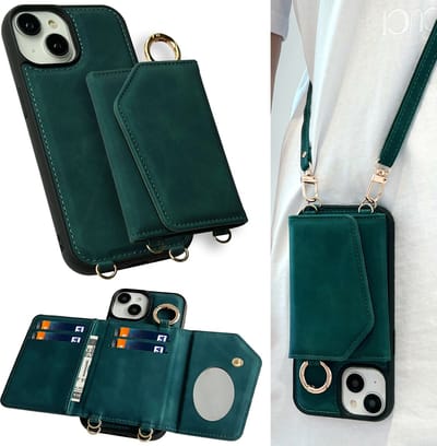 Casemania Hoesje Geschikt voor Apple iPhone 15 Plus - Emerald Green - Luxe Telefoonhoes met Koord - Wallet Case met Spiegeltje en Pasjeshouder - Crossbody Draagbaar Alles-in-één Back Cover