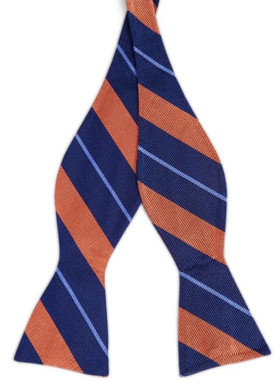 Marineblauwe Zijden Zelfbinder Vlinderdas met Oranje & Pastelblauwe accenten