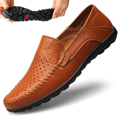 Echte leren mocassins voor heren, zachte onderkant, zomer, ademend, holle loafers, Britse zakelijke casual leren schoenen, handgestikt 44 bruin
