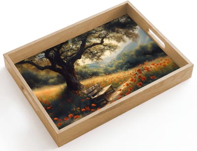 Dienblad hout 40x30 cm - Schootdienblad - Bankje - Boom - Klaprozen - Heuvels - Borrelplank rechthoek - Plateau dienbladen