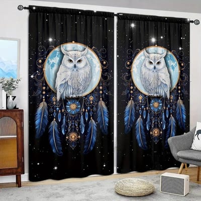 2 stuks Gordijn met Uilprint voor Huisdecoratie - Tunnel voor Roede Raambekleding voor Slaapkamer, Kantoor, Keuken, Woonkamer en Studeerkamer 75cmX165cmX2pcs