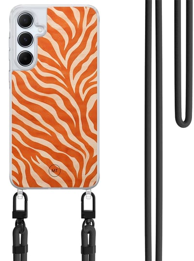 Hoesje met koord geschikt voor Samsung Galaxy A35 5G - Zebra oranje - Inclusief Zwart koord - Crossbody beschermhoes - Transparant, Oranje - Mooie Telefoonhoesjes
