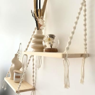2-Delige Houten Wandplank met Macramé Touw voor Boho Woondecoratie - 40 cm - Bruin