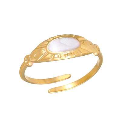 Aramat Jewels | Ringen | Goudkleurige Verstelbare RVS Ring met Parelmoer Wit Emaille - 6 mm | | | |15mm | Staal | Volwassenen | Verkleurd niet