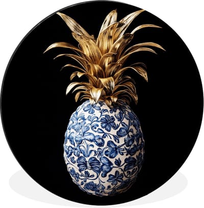 WallCircle - Wandcirkel - Muurcirkel - Ananas - Bloemen patroon - Goud - Delftsblauw - Aluminium - Dibond - 140x140 cm - Binnen en Buiten