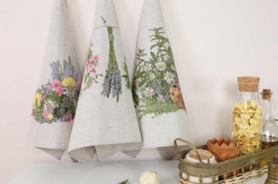 Famanu - Set van 3 halflinnen keukendoeken 46x60 cm, kruidenmotief, linnen/katoenmix