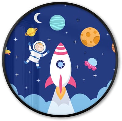 Poster in lijst Rond - Fotolijst 60x60 cm - Posters - Raket - Ruimte - Astronaut - Blauw - Jongens - Ronde posterlijst zwart - Decoratie - Wanddecoratie woonkamer - Muurdecoratie slaapkamer