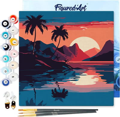 Figured'Art Mini Schilderen op Nummer Volwassenen 20x20cm met lijst De Zee en de Zonsondergang - Klein Formaat Creatieve Hobby Kit DIY Art Nummer Compleet